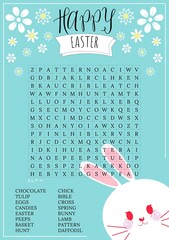 Happy Easter, spring word search puzzle with cute kawaii bunny. Educational holiday crossword, trivia game. Festive colorful worksheet for learning English words.  Fun printable party activities. 