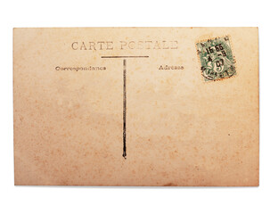 Vintage French postcard with stamp, isolated on white.