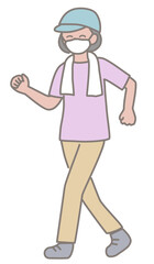 マスクをしてウォーキングする高齢女性のイラスト