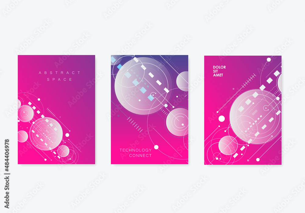 Poster Tech dynamic futuristic concept. Circles and lines and squares digital technology background. Vector concept structure elements