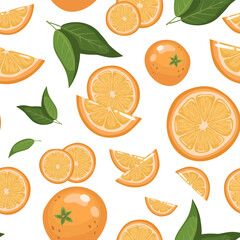 Seamless background of ripe oranges on a white background. Whole fruits, halves, slices and rings. Vector pattern in a cartoon simple flat style.