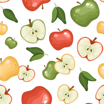 Seamless background of ripe apples on a white background. Yellow, green and red fruits, halves. Vector pattern in a cartoon simple flat style.