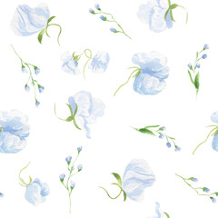 Seamless pattern of watercolor simple wildflowers, delicate branches pattern, blue flowers