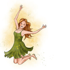 Watercolor ink sketch enneagram type character Enthusiast; joyful happy red haired ginger girl jumping flying in green dress