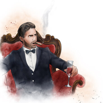Watercolor ink sketch enneagram type character Challenger; rich handsome man boss sitting in a beauiful rad chair with wine smoking.