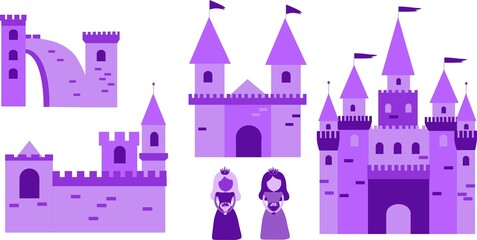 The princess castle in gentle colors. Vector illustration of castle and princess. Pink castle. Palace for girls. Prince with queen and king.