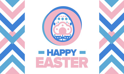 Happy Easter in April. Christian spring holiday in honor of the resurrection of Christ. Biblical history. Traditional dyeing eggs with patterns, fun game for children searching for easter eggs. Vector