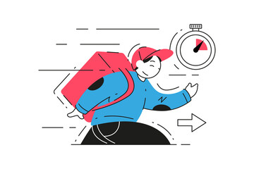 Express food and parcel delivery service vector flat illustration. Male courier with container backpack running fast postal shipment isolated. Logistic international local distribution transportation