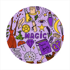 Magic hand drawn doodle banners. Vector icons of magic items. Collection halloween elements. Magic broom, potions, fortune-telling cards, runes, books, magic wand, hourglass