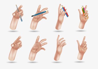 3d realistic pencil in hand with shadow isolated on white background. Vector Hands set of realistic 3d design in cartoon style. Hand shows different gestures signs.