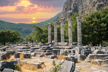 Ruins of the ancient city of Priene, Ionic columns of the Temple of Athena Polias in Priene. The...