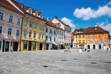 Panoramic view of Main Square - Glavni trg - of medieval town of Kranj, Slovenia