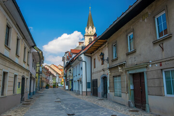 Fototapeta premium Panoramic view of Cankarjeva street of medieval town of Kranj, Slovenia
