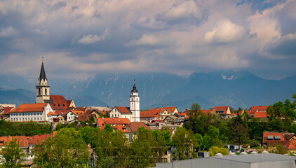Obraz premium Panoramic view of old churches and historical city center of Kranj, Slovenia