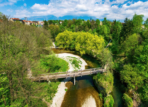 Scenic aerial view of Kokra river canyon in Kranj, Slovenia in sunny spring day
