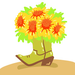 Cowboy boot with yellow sunflowers bouquet decoration. Country western boots vector color illustration Country wedding decor isolated on white.