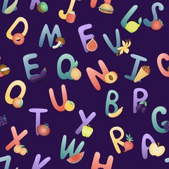 All letters of the alphabet with pictures are fruits and vegetables. English dictionary and alphabet, vector seamless pattern on blue background for children, learning aid in kindergarten and school