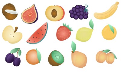 cute edible fruits and berries, vector set of elements on white background for children, help with learning in kindergarten and school. Coconut, figs, nectarine, grapes, banana, apple, watermelon, str