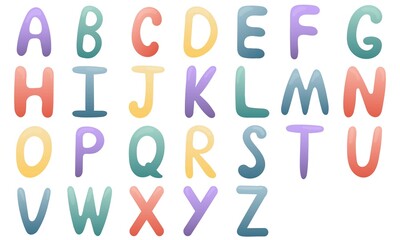 All letters of the alphabet on a white background, educational card. English vocabulary and alphabet, vector for children, learning aid in kindergarten and school