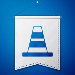 Blue Traffic cone icon isolated on blue background. White pennant template. Vector