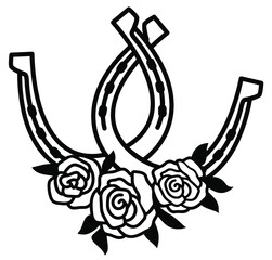 Two connected Horseshoes. Lucky symbol with Horseshoes and roses floral decoration. Vector illustration clipart isolated on white for design - 484410594