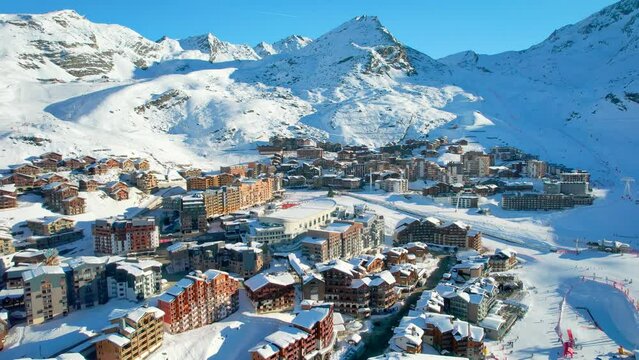 Val Thorens, France: Aerial view of famous ski resort in French Alps (Savoie Alps) mountains in winter, sunny day with lot of snow - landscape panorama of Europe from above