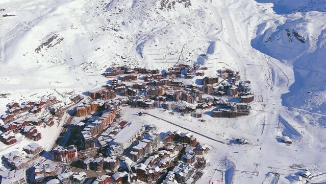 Val Thorens, France: Aerial view of famous ski resort in French Alps (Savoie Alps) mountains in winter, sunny day with lot of snow - landscape panorama of Europe from above