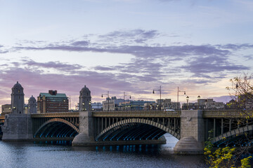 View of historic Longfellow Bridge over Charles River, connecting Boston's Beacon Hill with...