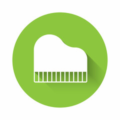 White Grand piano icon isolated with long shadow background. Musical instrument. Green circle button. Vector