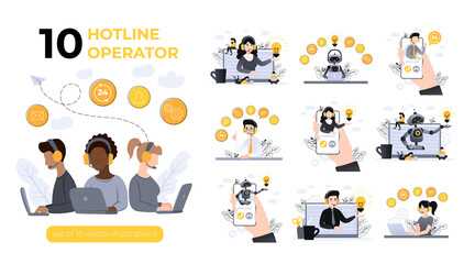 Bundle of concept customer and operator, online technical support 24-7. Set of vector illustrations with hotline operator advises client. Personal assistant, Online assistant, virtual help service. - obrazy, fototapety, plakaty