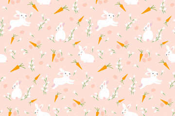 Bunny pattern. Cute Easter bunnies seamless background with carrots, eggs
