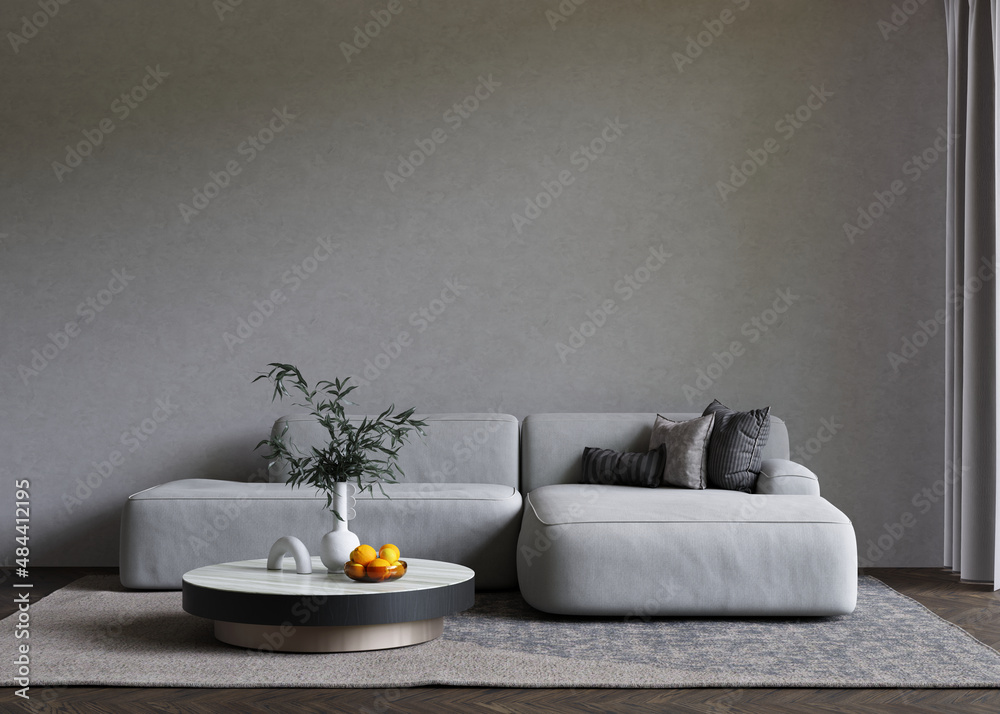 Poster minimalist gray interior with sofa and coffee table on the carpet. big empty wall mock up. 3d render