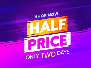 Half price advertising sale banner template design. Advice to shop now with clearance discount only two days. Weekend cheap shopping announcement vector illustration - obrazy, fototapety, plakaty