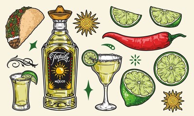 Colorful vintage elements of tequila drink - obrazy, fototapety, plakaty