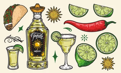 Foto op Plexiglas Colorful vintage elements of tequila drink © DGIM studio