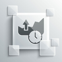 Grey Stocks market growth graphs and money icon isolated on grey background. Monitor with stock charts arrow on screen. Square glass panels. Vector