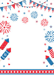 Obraz premium 4th of July border frame with red, blue fireworks and sparks, isolated on white background. Design for American Independence Day party invitations or posters.