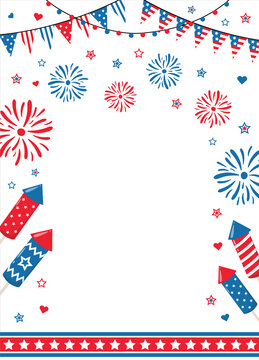 4th of July border frame with red, blue fireworks and sparks, isolated on white background. Design for American Independence Day party invitations or posters.