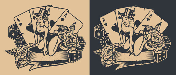 Naklejka premium Black-white illustration with pin-up girl with dice and playing cards in vintage style.
