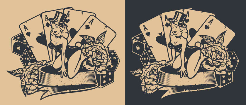 Black-white illustration with pin-up girl with dice and playing cards in vintage style.