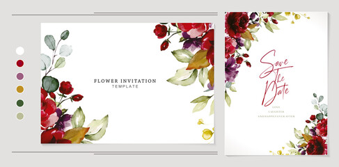set of banners or wedding invitation with flowers and leaves, rose purple and burgundy colors design isolated white background, applicable for greeting card, poster, printing paper, table card concept