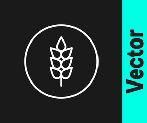 White line Cereals set with rice, wheat, corn, oats, rye, barley icon isolated on black background. Ears of wheat bread symbols. Vector