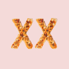 Two kisses  minimal concept. Artisan pizza made in the shape of two "Xs" against pink background. Flat lay arrangement.
