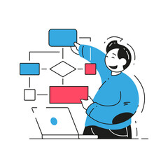 Male programmer analyzing scheme block program soft website development vector flat illustration. API or application programming interface for software connection isolated. Web diagram structure