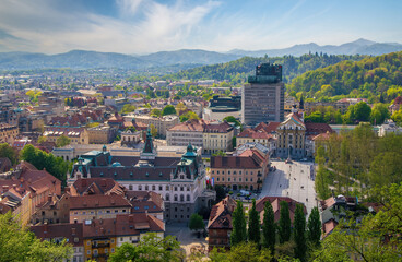 Fototapeta na wymiar Panoramic view of Ljubljana city center from castle hill, Ljubljana, Slovenia