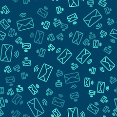 Green line Mail and e-mail icon isolated seamless pattern on blue background. Envelope symbol e-mail. Email message sign. Vector