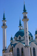 Fototapeta na wymiar Kazan, Russia - June 20 2021 - beautiful view of the Kul-Sharif mosque during sunny summer day in Kazan kremlin. Islamic architecture in Kazan city center. Travel and tourism concept.