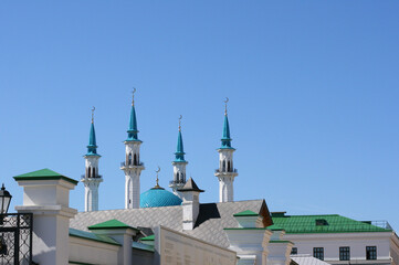 Kazan, Russia - June 20 2021 - beautiful view of the Kul-Sharif mosque during sunny summer day in Kazan kremlin. Islamic architecture in Kazan city center. Travel and tourism concept.