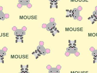 Mouse cartoon character seamless pattern on yellow background.Pixel style