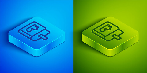 Isometric line Viking book icon isolated on blue and green background. Square button. Vector